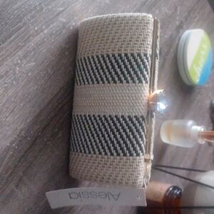 Tan tweed and black clutch purse nice evening bag